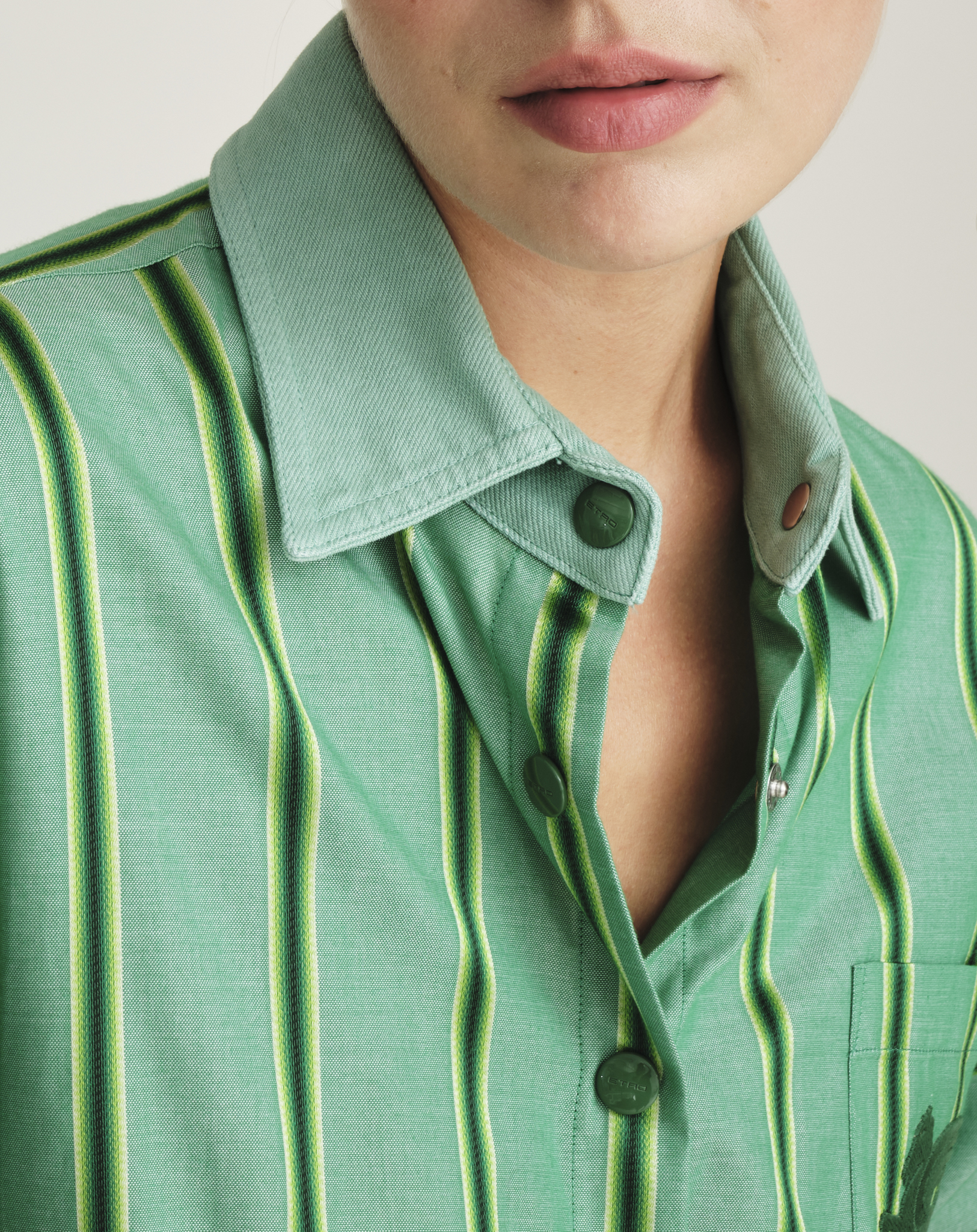 Etro - Oversized Embridered Green Striped Cotton And Silk Blend Shirt IT38